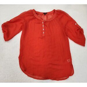 Apt 9 Top Women Medium Red Sheer 1/2 Sleeve Blouse 1/4 Button Overlay Light
